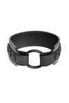 A 2" wide grey and black leather armband with matte black hardware, in a coil.