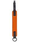 Full flat view of a 2" wide O-RING ARMBAND - Orange highlighting matte black hardware.