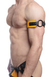 A 2" wide O-RING ARMBAND - Yellow with matte black hardware on a model facing to the side.