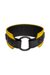 Coiled display of a 2" wide yellow and black leather armband detailed with matte black hardware.
