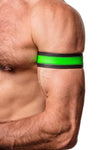 Tight profile shot of a model fitted in a 1.5" wide black and fluro green leather armband with matte black snaps.