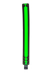 Flat top-view capture of a 1.5" wide black and fluro green leather armband with matte black hardware.
