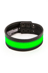A black and fluro green leather armband with matte black hardware is shown in a curl.