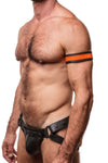 A FLURO STRIPE ARMBAND - Fluro Orange featuring matte black hardware styled on a model facing off-camera.