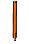 Flat-laid and facing up, a 1.5" wide black and fluro orange leather armband with matte black hardware.