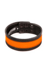 Coiled FLURO STRIPE ARMBAND - Fluro Orange with a matte black snaps forming a circular display.
