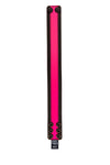 Flat and front-facing, a 1.5" wide black and fluro pink leather armband fitted with matte black hardware.
