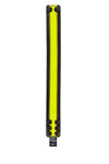 Positioned flat and facing upwards, a black and fluro yellow leather armband with matte black hardware.