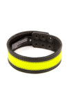 A 1.5" wide black and fluro yellow leather armband with matte black hardware, in a coil.