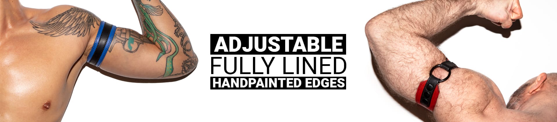 Armbands banner image containing model pictures and text explaining that products are adjustable, fully lined, and have hand-painted edges.