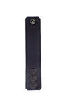 Flat view of a 1.5" wide black leather ball stretcher featuring black lining.