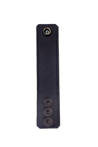 Flat view of a 1.5" wide black leather ball stretcher featuring black lining.