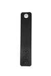 Front-on image of a 1.5" wide black leather ball stretcher completed with stainless steel components.