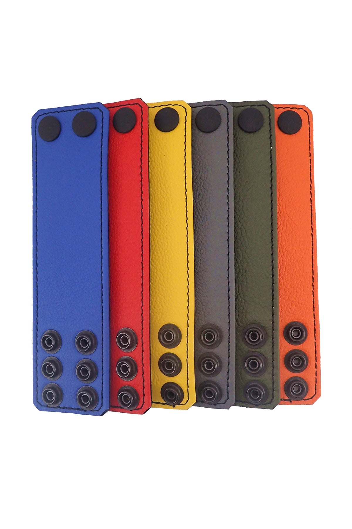 Forward-facing view of six 2" wide coloured leather ball stretcher featuring matte black snaps.
