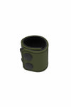 An army green leather ball stretcher finished with matte black components, formed into a loop.