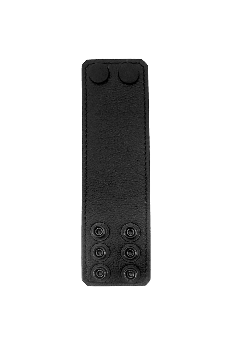 A 2" wide ARMY OF MEN black leather ball stretcher with matte black hardware, viewed from the front.