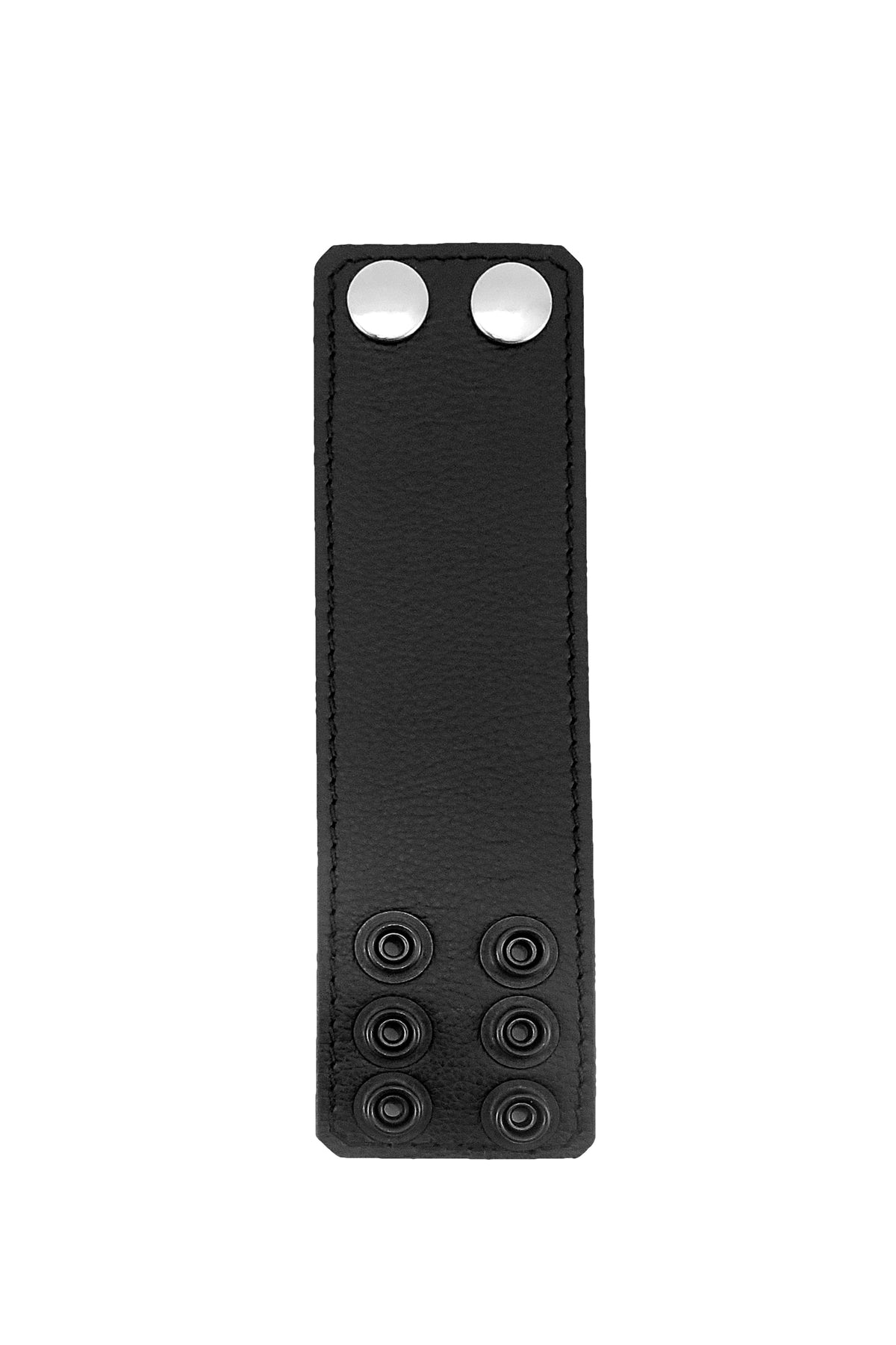 A 2" wide ARMY OF MEN black leather ball stretcher with stainless steel snaps, viewed from the front.