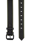 Positioned flat and facing upwards, a black & army green leather belt with double stitching detail and matte black buckle.