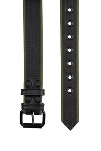 Positioned flat and facing upwards, a black & army green leather belt with double stitching detail and matte black buckle.