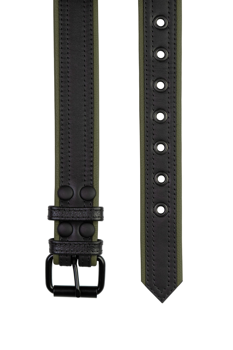 Positioned flat and facing upwards, a black & army green leather belt with double stitching detail and matte black buckle.