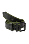 A coiled display of a 1.5" wide black and army green leather belt with double stitching detail and matte black buckle.