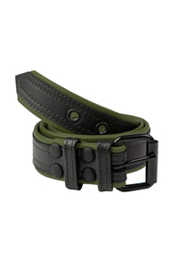 A coiled display of a 1.5" wide black and army green leather belt with double stitching detail and matte black buckle.