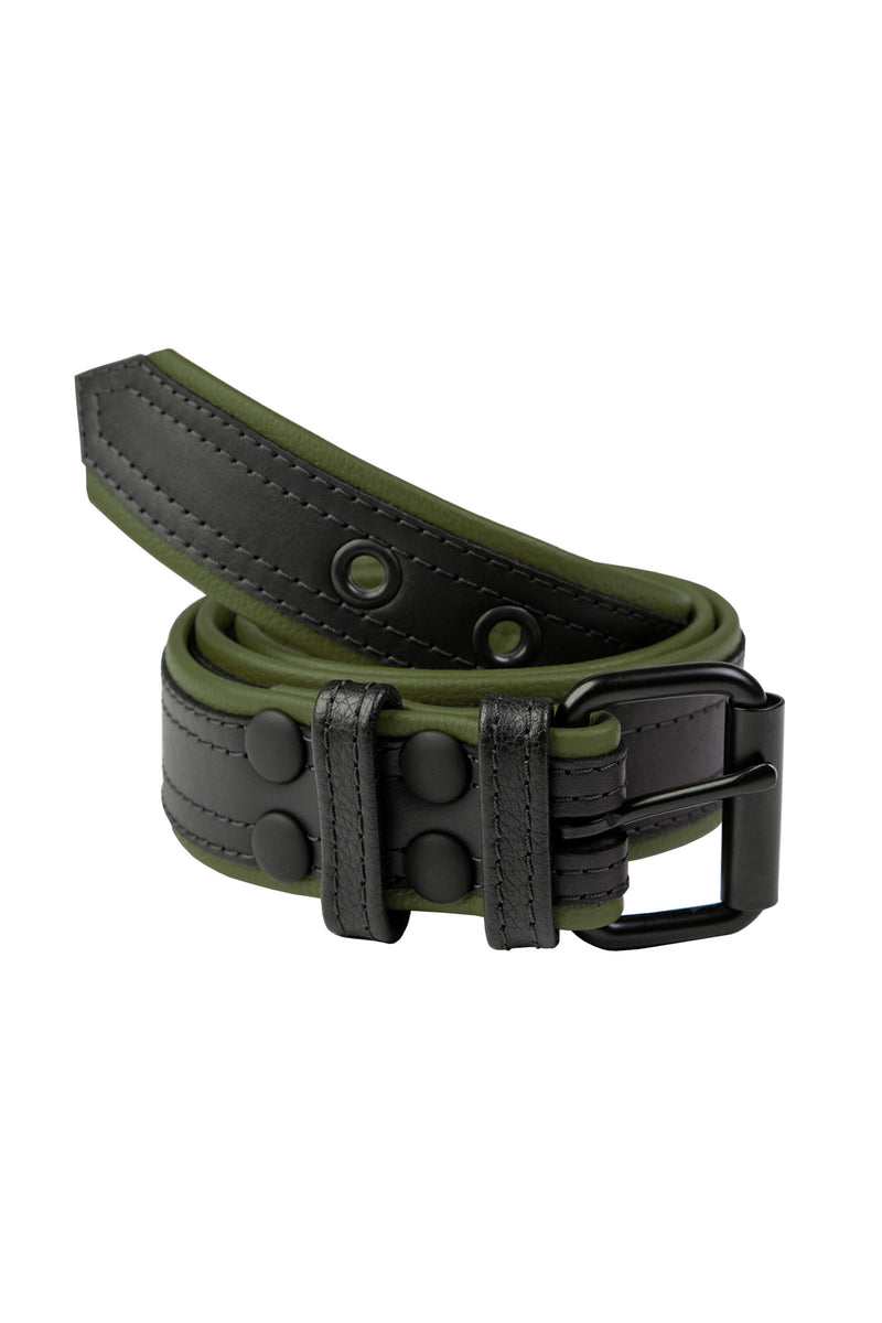 A coiled display of a 1.5" wide black and army green leather belt with double stitching detail and matte black buckle.