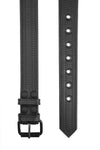 A detailed view of both ends of a 1.5" wide black leather belt with double stitching detail and matte black hardware.