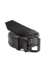 A 1.5" wide black men's leather belt with double stitching detail and matte black and hardware, in a ring.