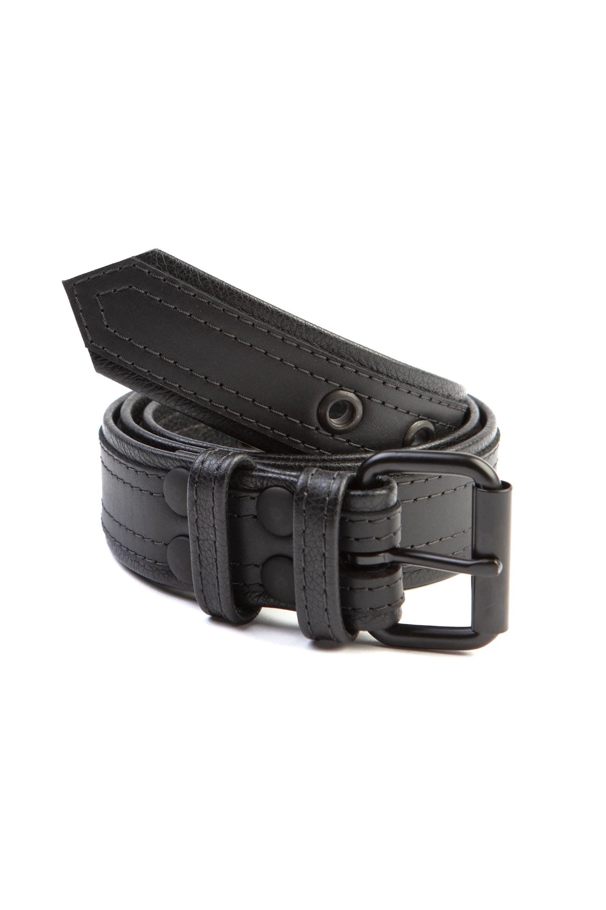 A 1.5" wide black men's leather belt with double stitching detail and matte black and hardware, in a ring.