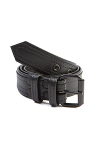 A 1.5" wide black men's leather belt with double stitching detail and matte black and hardware, in a ring.