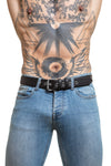 An Asian model wearing 1.5" wide black men's leather belt with double stitching detail and stainless steel buckle.