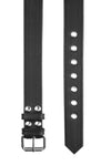 A detailed view of both ends of a 1.5" wide black leather belt with double stitching detail and stainless steel hardware.