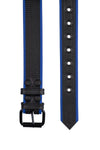 Flat top-view capture of a 1.5" wide black and blue leather belt with double stitching detail and matte black hardware.