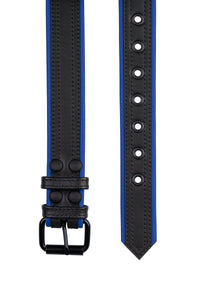 Flat top-view capture of a 1.5" wide black and blue leather belt with double stitching detail and matte black hardware.