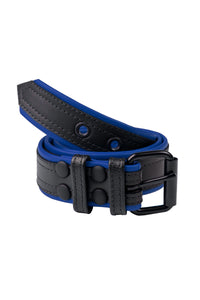 Coiled 1.5" wide COMBAT BELT - Blue with a matte black buckle forming a circular display.