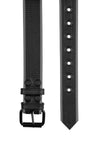 Top-facing view of a black and grey leather belt with double stitching detail and matte black buckle.