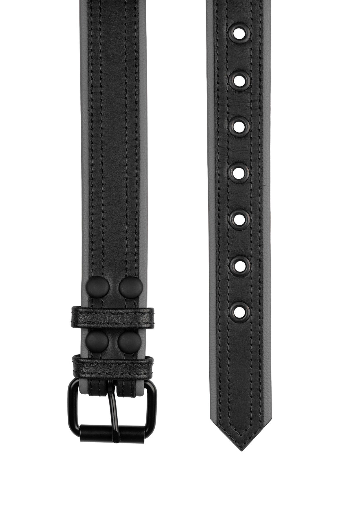 Top-facing view of a black and grey leather belt with double stitching detail and matte black buckle.