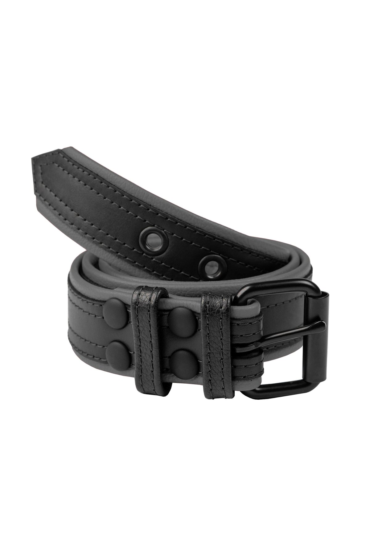 A 1.5" wide black and grey leather men's belt with double stitching detail and matte black hardware, coiled into a ring.