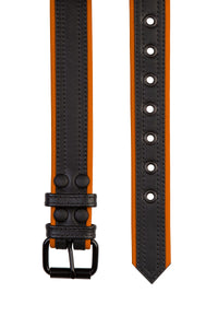Flat top-view capture of a 1.5" wide black and orange leather belt with double stitching detail and matte black hardware.