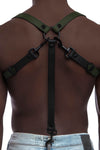 Rear view of male model wearing a 1" wide ARMY OF MEN UNIVERSAL BRACES - Army Green with matte black snaps attached to jeans.