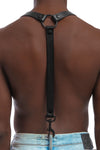 Rear view of fit model in a 1" wide ARMY OF MEN UNIVERSAL BRACES - Black with black O-ring, rivets, snaps, and snap clips.