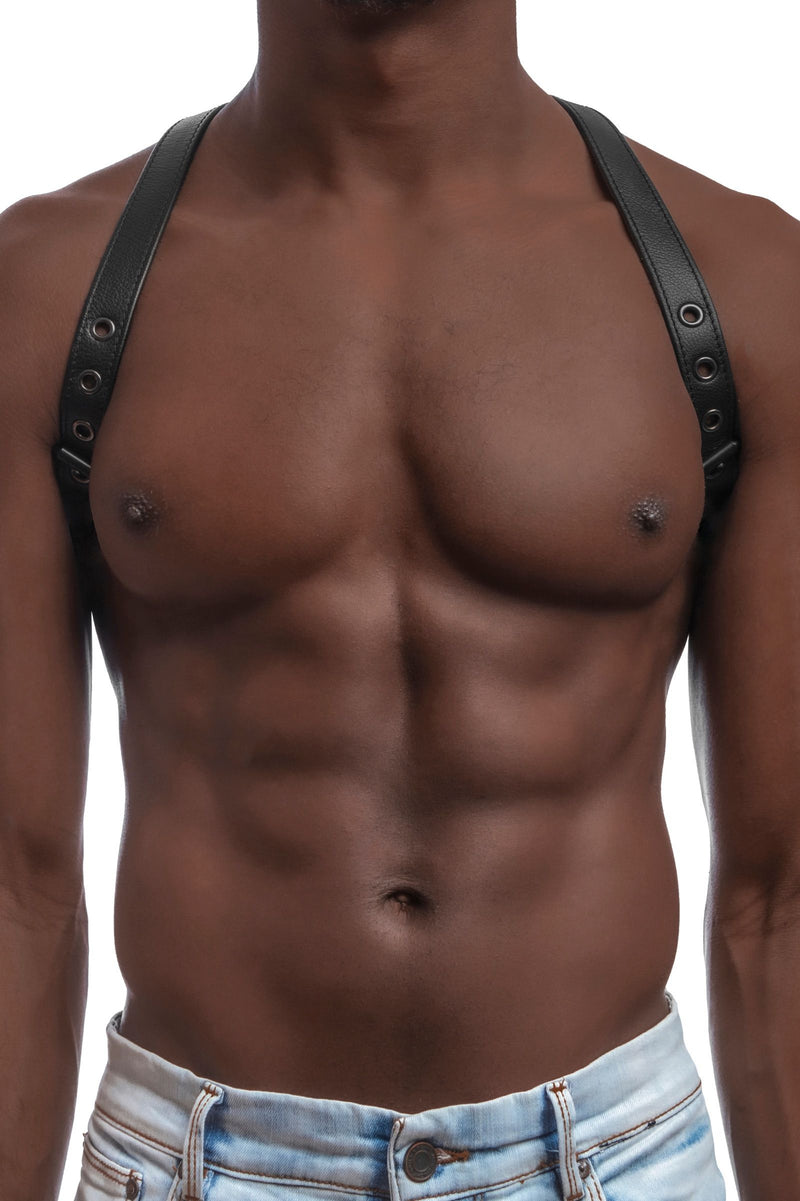 Front view of shirtless Black model in 1" wide UNIVERSAL BRACES with black metal hardware, worn as a shoulder harness.