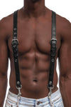 Model in a 1" wide ARMY OF MEN leather UNIVERSAL BRACES - Stainless Steel with O-ring, rivets, and snap clips, front view.