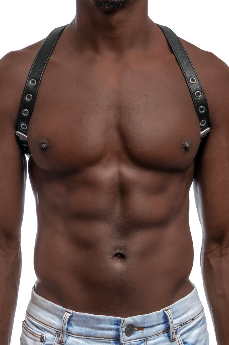 1" wide black leather braces with stainless steel hardware on a Black model, facing forward. Worn as a shoulder harness.