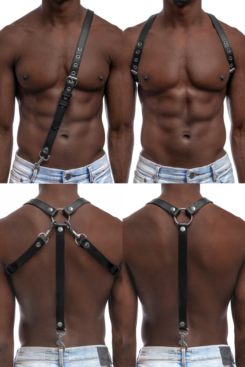 A 1" wide leather UNIVERSAL BRACES with stainless steel O-ring, rivets, snaps, and snap clips worn by a male model four ways.