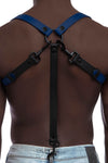 A defined model turned away wearing a 1" wide ARMY OF MEN UNIVERSAL BRACES - Blue with matte black hardware.