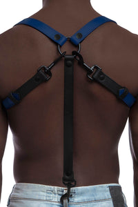 A defined model turned away wearing a 1" wide ARMY OF MEN UNIVERSAL BRACES - Blue with matte black hardware.