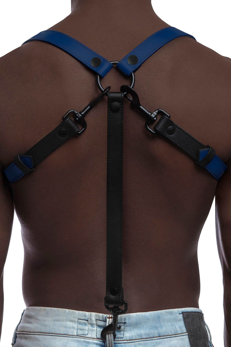 A defined model turned away wearing a 1" wide ARMY OF MEN UNIVERSAL BRACES - Blue with matte black hardware.