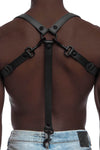 A defined model in a 1" wide ARMY OF MEN UNIVERSAL BRACES - Grey with matte black hardware attached to jeans, back view.